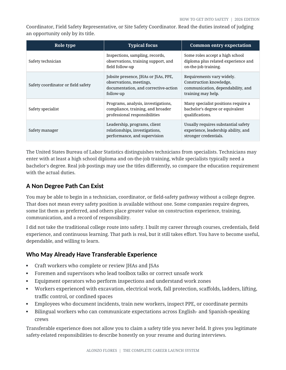 Career guide page comparing safety roles and entry expectations