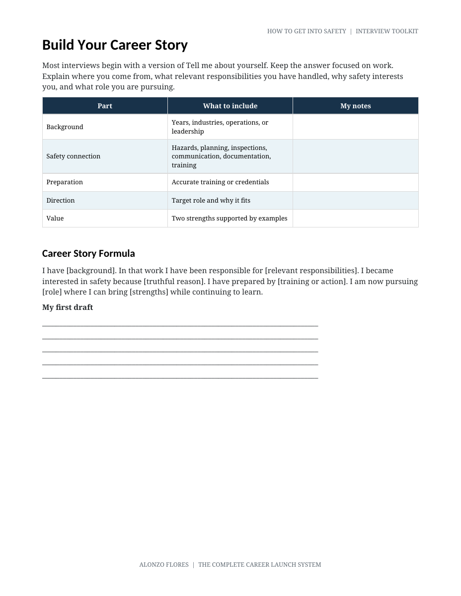 Career story worksheet from the interview toolkit
