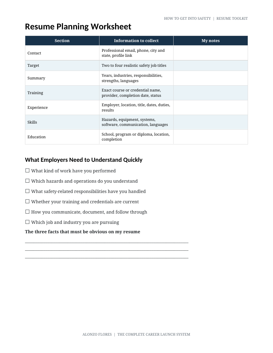 Resume planning worksheet from the editable toolkit